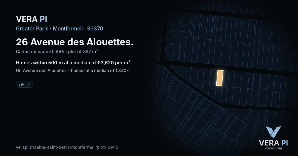 26 Avenue des Alouettes, Montfermeil at night – the plot lit, the parcels around coloured by the prices near them