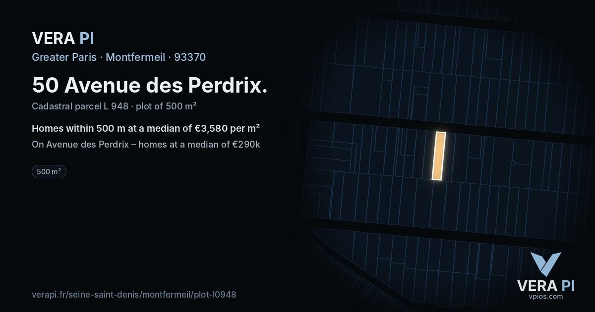 50 Avenue des Perdrix, Montfermeil at night – the plot lit, the parcels around coloured by the prices near them