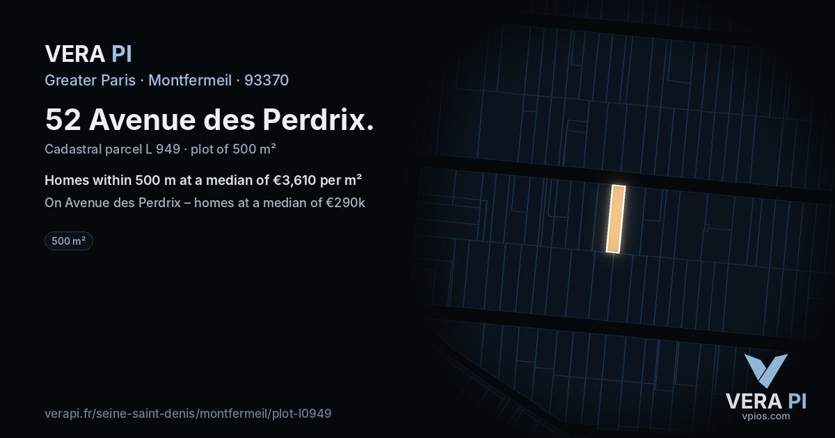 52 Avenue des Perdrix, Montfermeil at night – the plot lit, the parcels around coloured by the prices near them