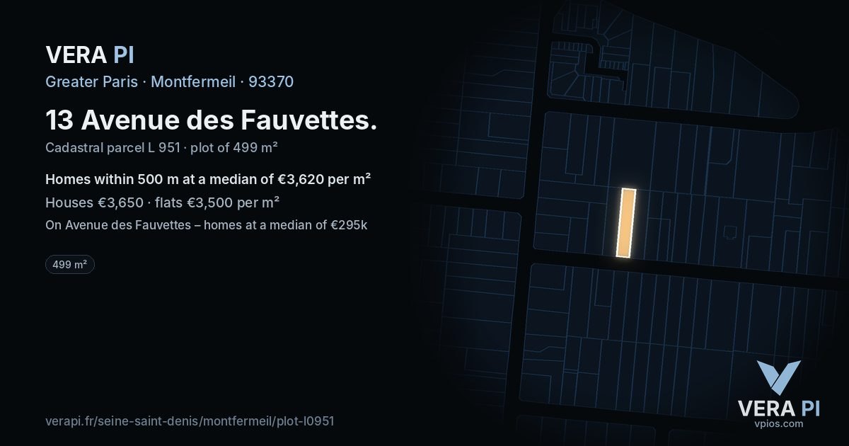 13 Avenue des Fauvettes, Montfermeil at night – the plot lit, the parcels around coloured by the prices near them