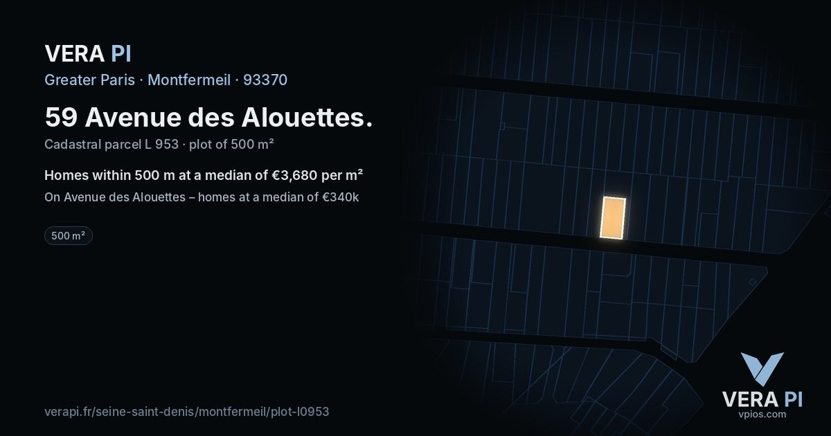 59 Avenue des Alouettes, Montfermeil at night – the plot lit, the parcels around coloured by the prices near them