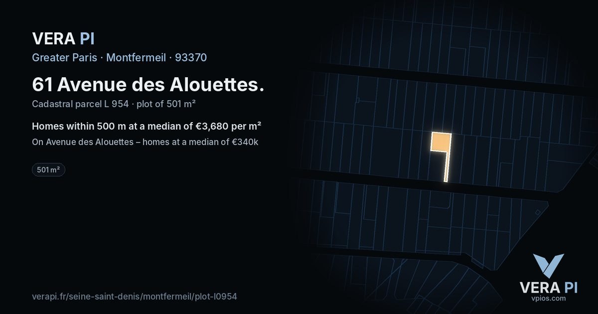 61 Avenue des Alouettes, Montfermeil at night – the plot lit, the parcels around coloured by the prices near them