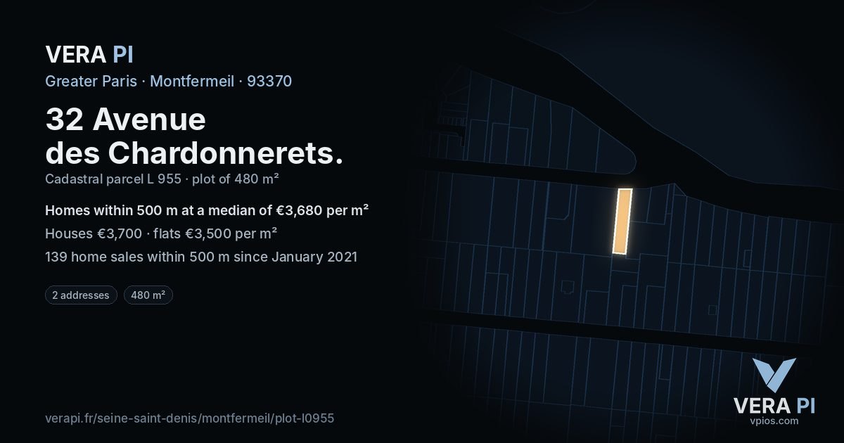 32 Avenue des Chardonnerets, Montfermeil at night – the plot lit, the parcels around coloured by the prices near them