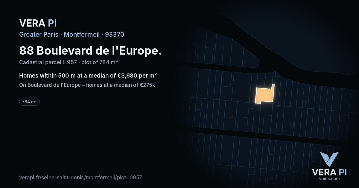 88 Boulevard de l'Europe, Montfermeil at night – the plot lit, the parcels around coloured by the prices near them