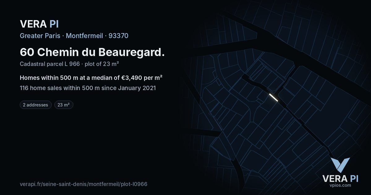 60 Chemin du Beauregard, Montfermeil at night – the plot lit, the parcels around coloured by the prices near them