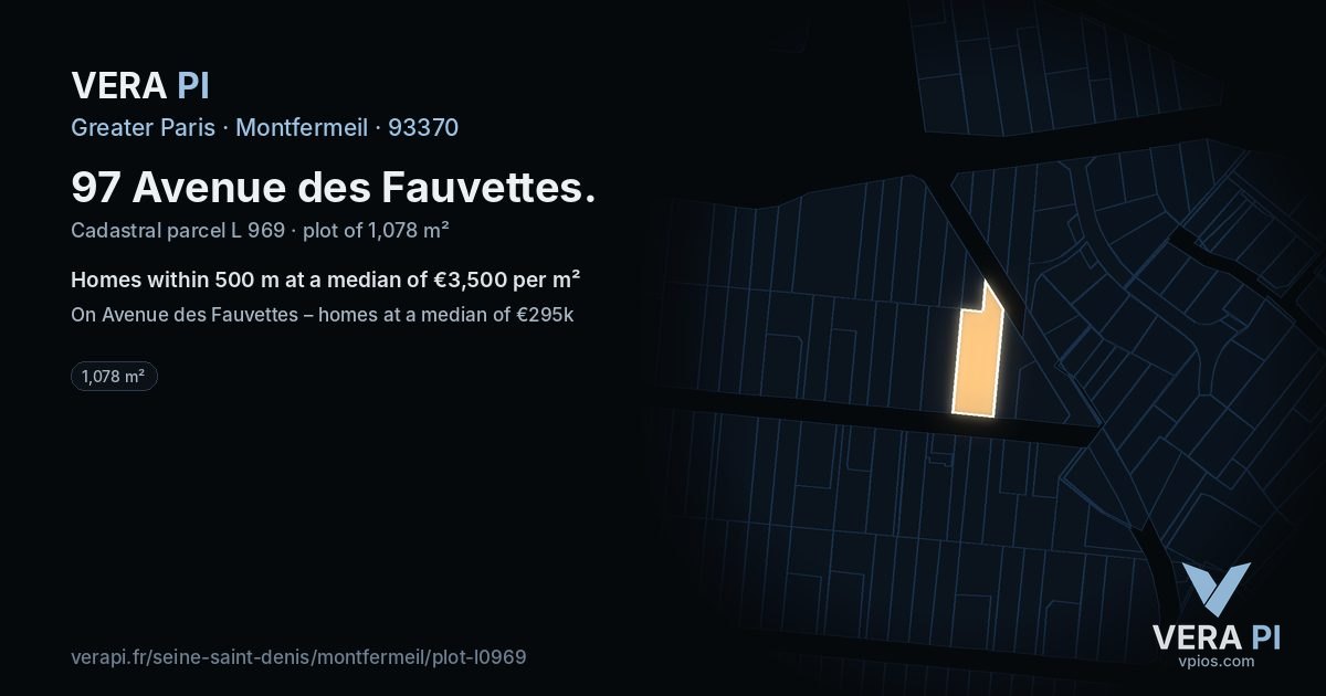 97 Avenue des Fauvettes, Montfermeil at night – the plot lit, the parcels around coloured by the prices near them