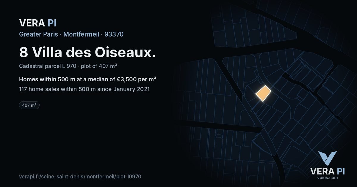 8 Villa des Oiseaux, Montfermeil at night – the plot lit, the parcels around coloured by the prices near them