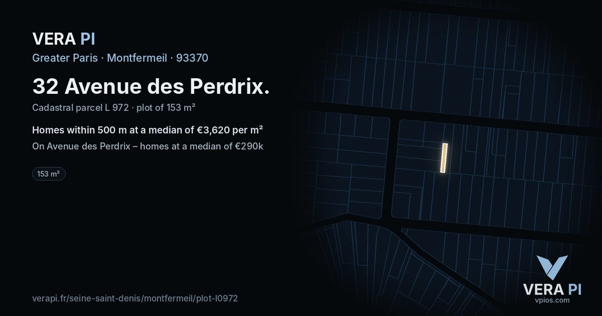 32 Avenue des Perdrix, Montfermeil at night – the plot lit, the parcels around coloured by the prices near them