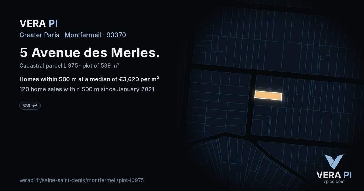 5 Avenue des Merles, Montfermeil at night – the plot lit, the parcels around coloured by the prices near them