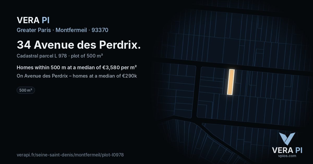 34 Avenue des Perdrix, Montfermeil at night – the plot lit, the parcels around coloured by the prices near them