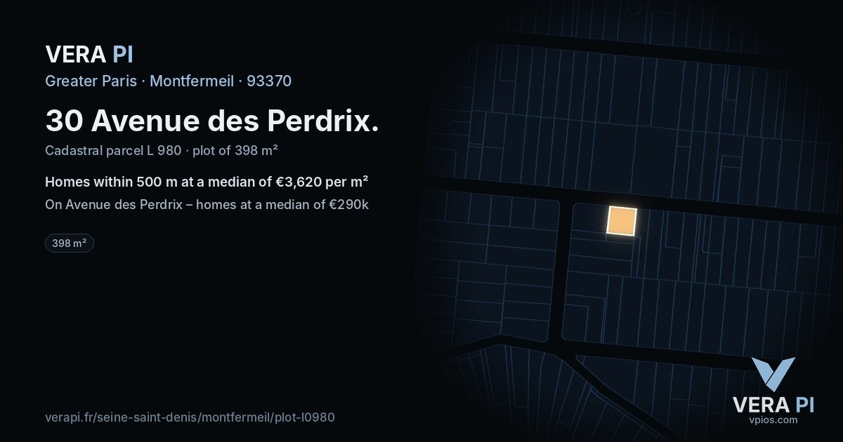 30 Avenue des Perdrix, Montfermeil at night – the plot lit, the parcels around coloured by the prices near them