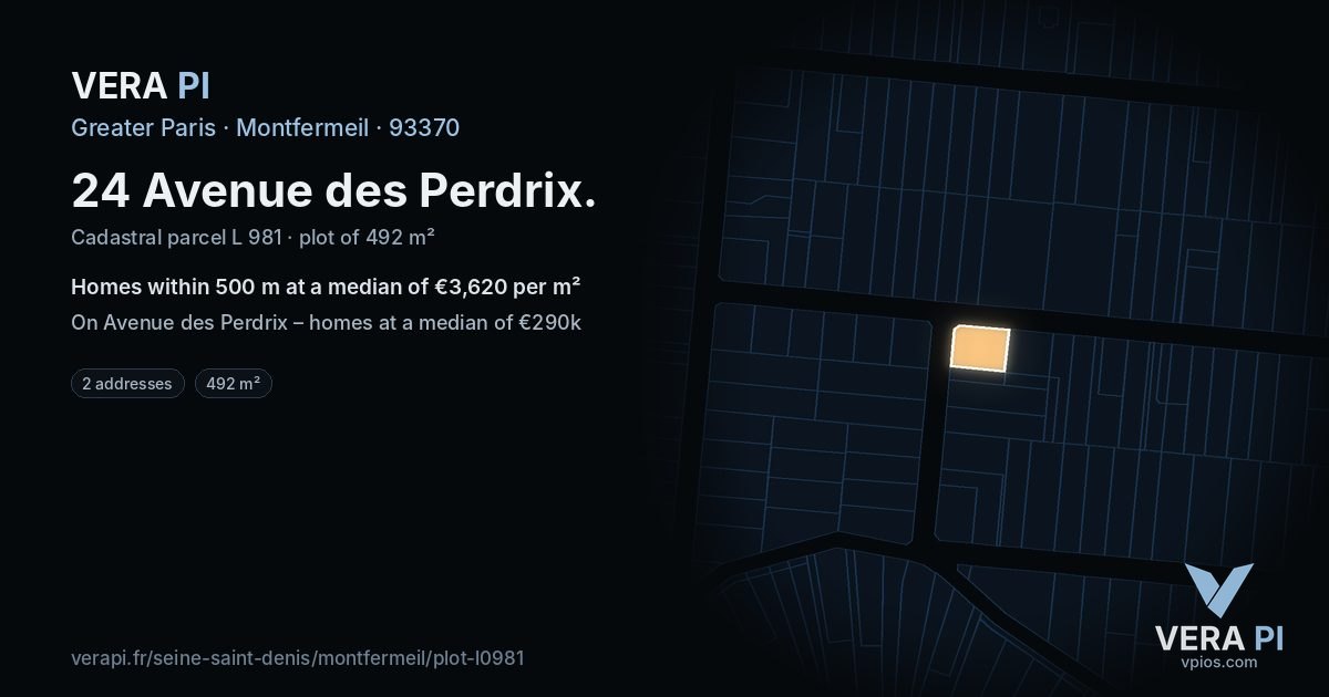 24 Avenue des Perdrix, Montfermeil at night – the plot lit, the parcels around coloured by the prices near them