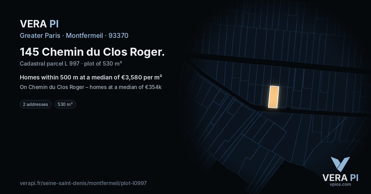 145 Chemin du Clos Roger, Montfermeil at night – the plot lit, the parcels around coloured by the prices near them
