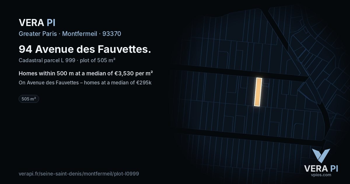 94 Avenue des Fauvettes, Montfermeil at night – the plot lit, the parcels around coloured by the prices near them