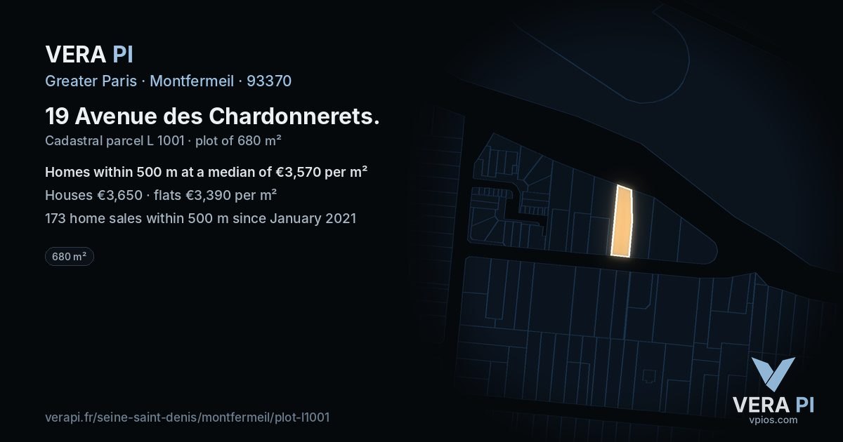 19 Avenue des Chardonnerets, Montfermeil at night – the plot lit, the parcels around coloured by the prices near them