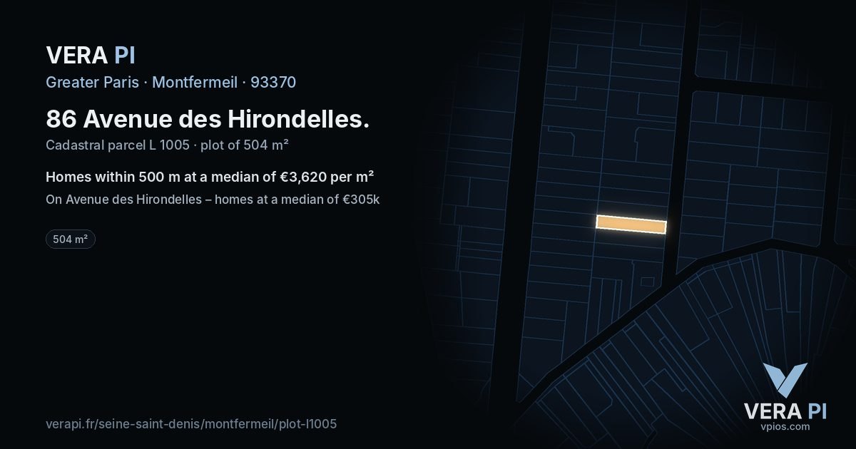 86 Avenue des Hirondelles, Montfermeil at night – the plot lit, the parcels around coloured by the prices near them