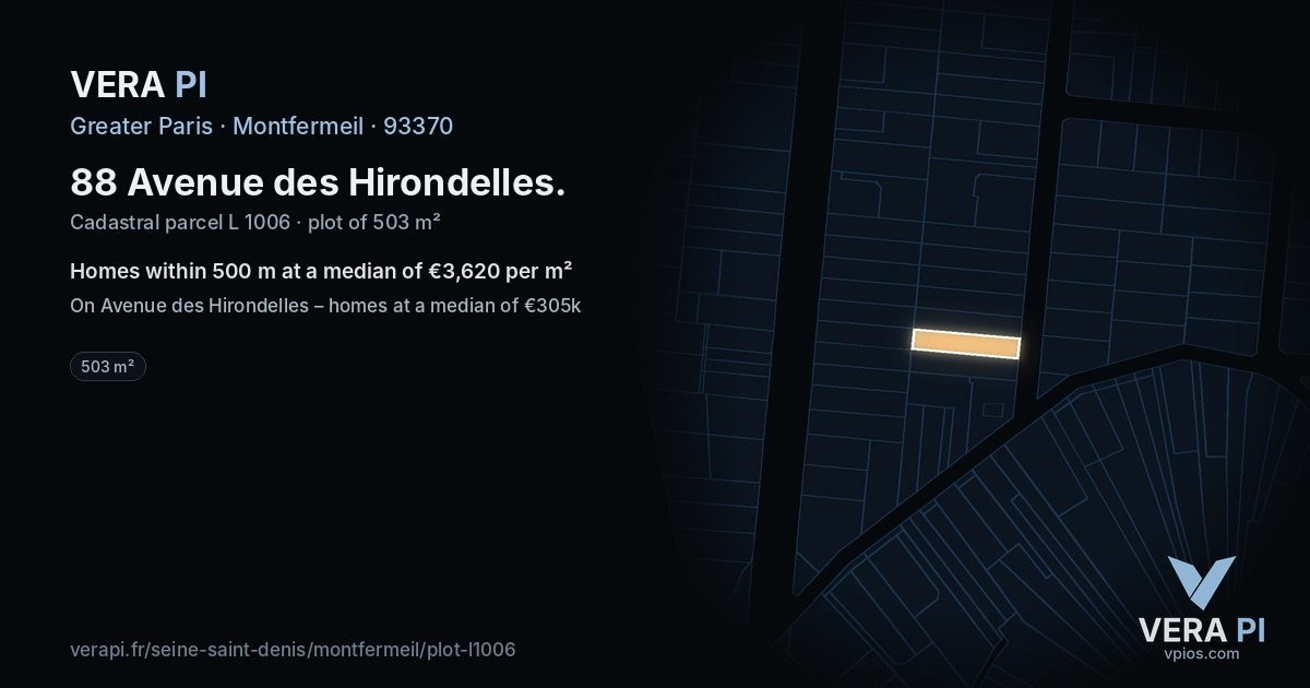 88 Avenue des Hirondelles, Montfermeil at night – the plot lit, the parcels around coloured by the prices near them