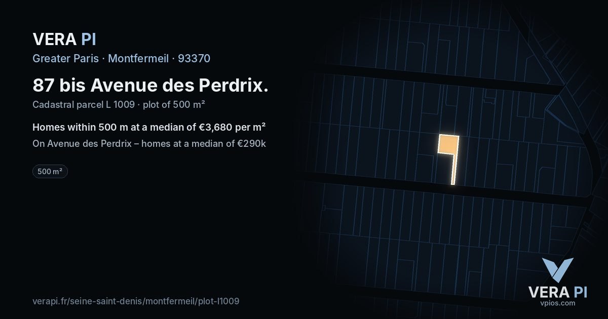 87 bis Avenue des Perdrix, Montfermeil at night – the plot lit, the parcels around coloured by the prices near them