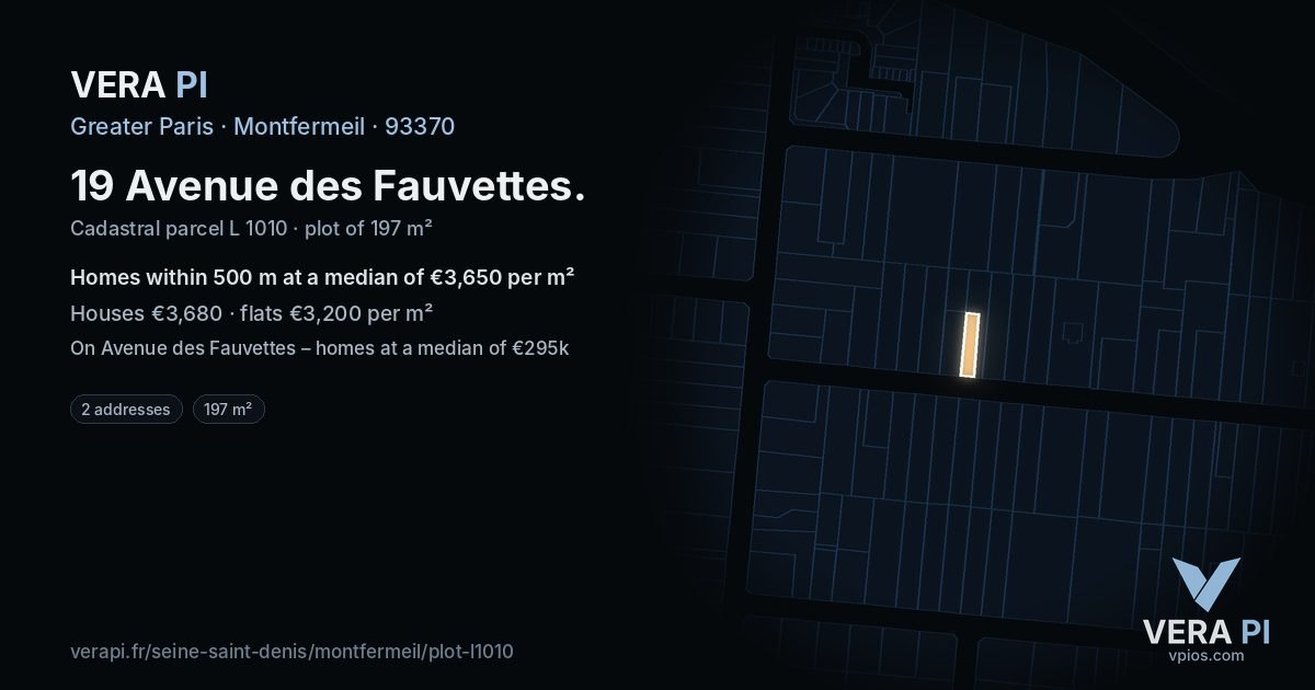 19 Avenue des Fauvettes, Montfermeil at night – the plot lit, the parcels around coloured by the prices near them