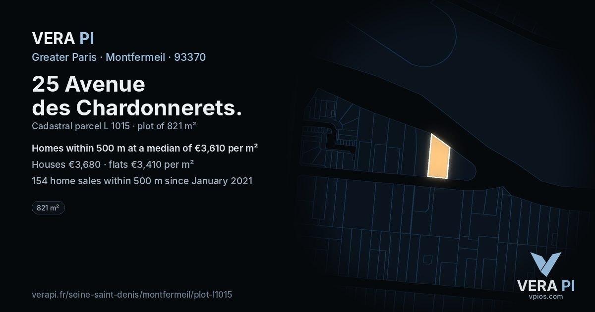 25 Avenue des Chardonnerets, Montfermeil at night – the plot lit, the parcels around coloured by the prices near them