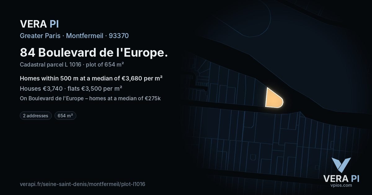 84 Boulevard de l'Europe, Montfermeil at night – the plot lit, the parcels around coloured by the prices near them