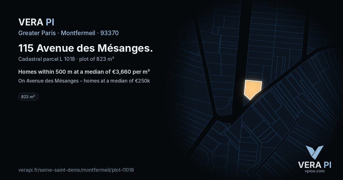 115 Avenue des Mésanges, Montfermeil at night – the plot lit, the parcels around coloured by the prices near them