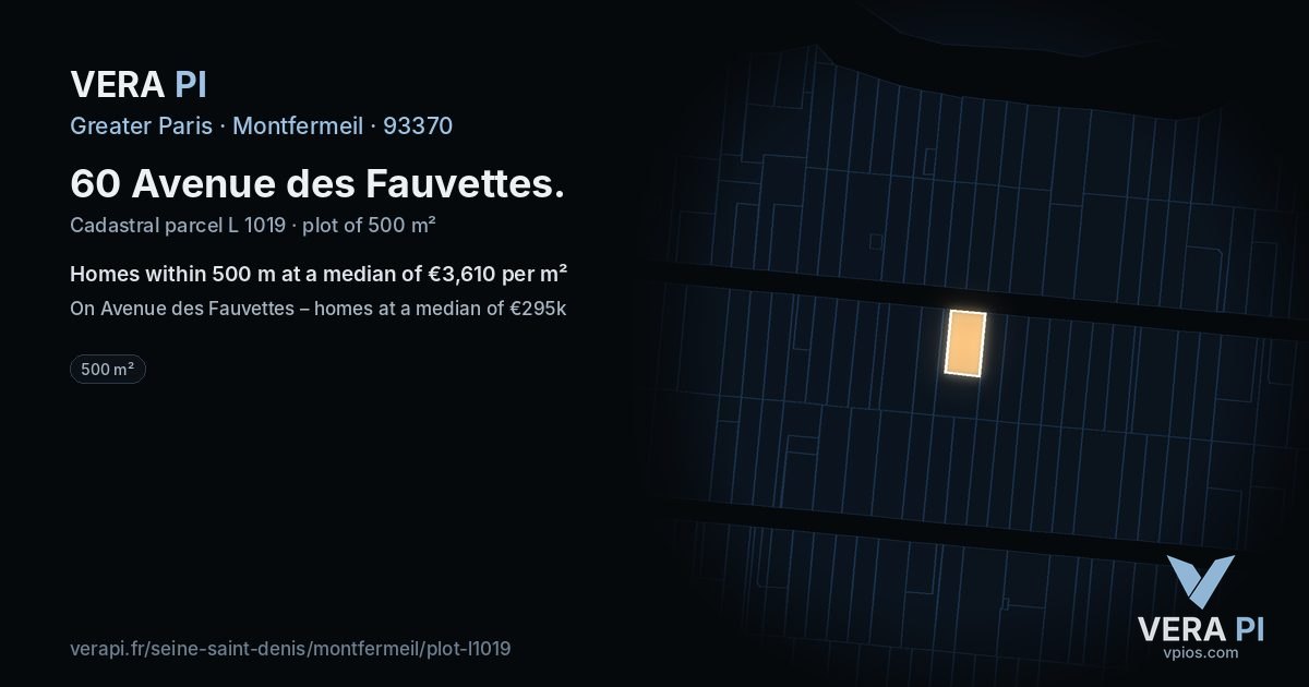 60 Avenue des Fauvettes, Montfermeil at night – the plot lit, the parcels around coloured by the prices near them