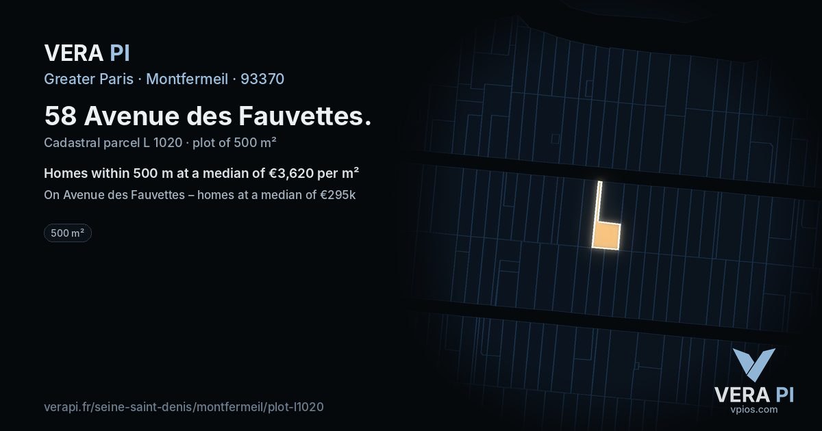 58 Avenue des Fauvettes, Montfermeil at night – the plot lit, the parcels around coloured by the prices near them