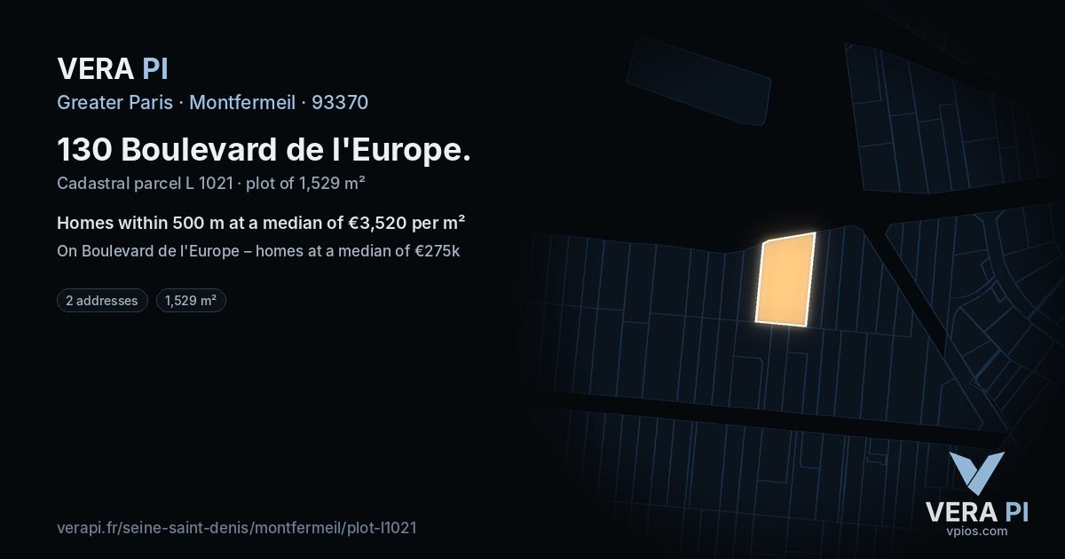 130 Boulevard de l'Europe, Montfermeil at night – the plot lit, the parcels around coloured by the prices near them