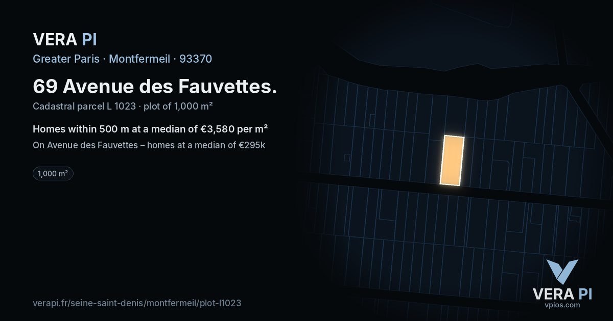 69 Avenue des Fauvettes, Montfermeil at night – the plot lit, the parcels around coloured by the prices near them
