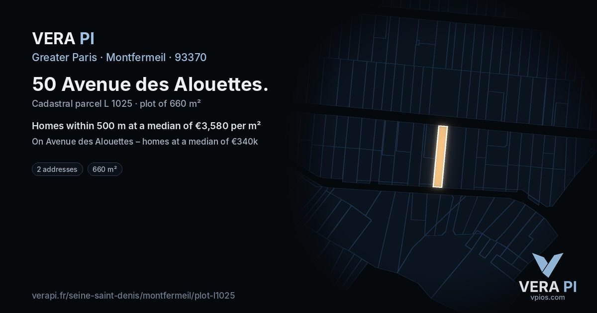 50 Avenue des Alouettes, Montfermeil at night – the plot lit, the parcels around coloured by the prices near them