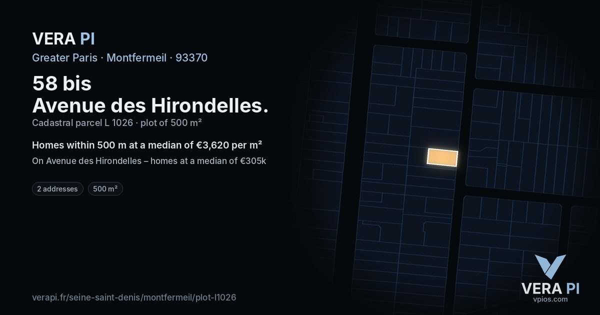 58 bis Avenue des Hirondelles, Montfermeil at night – the plot lit, the parcels around coloured by the prices near them