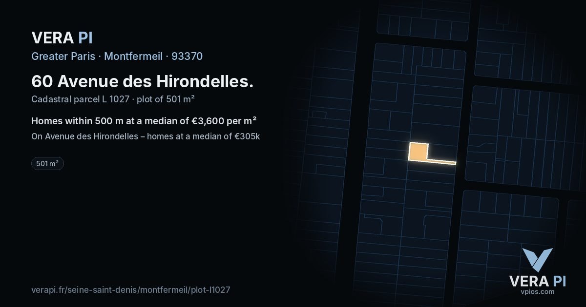 60 Avenue des Hirondelles, Montfermeil at night – the plot lit, the parcels around coloured by the prices near them