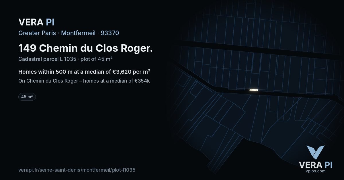 149 Chemin du Clos Roger, Montfermeil at night – the plot lit, the parcels around coloured by the prices near them