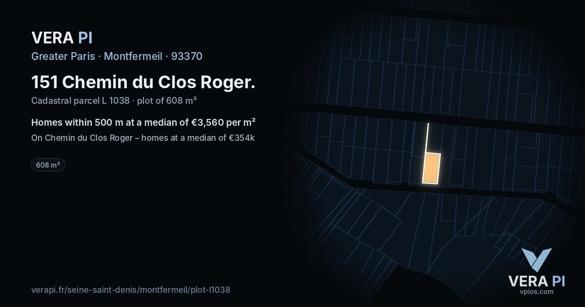 151 Chemin du Clos Roger, Montfermeil at night – the plot lit, the parcels around coloured by the prices near them