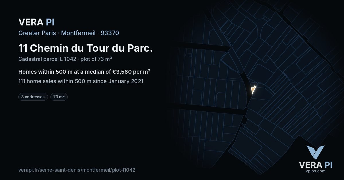 11 Chemin du Tour du Parc, Montfermeil at night – the plot lit, the parcels around coloured by the prices near them