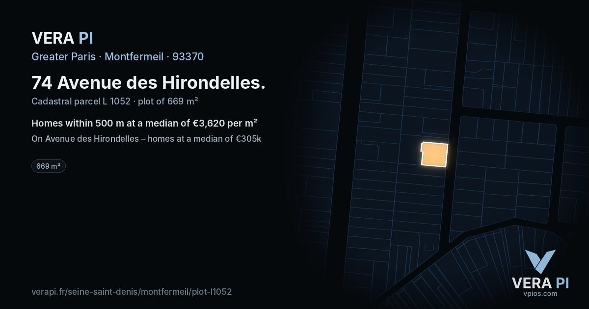 74 Avenue des Hirondelles, Montfermeil at night – the plot lit, the parcels around coloured by the prices near them