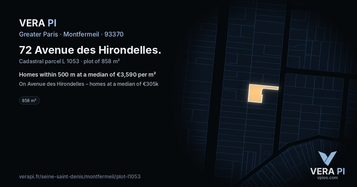 72 Avenue des Hirondelles, Montfermeil at night – the plot lit, the parcels around coloured by the prices near them