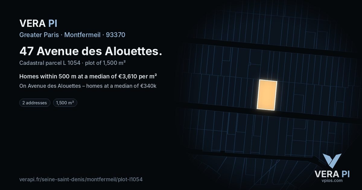 47 Avenue des Alouettes, Montfermeil at night – the plot lit, the parcels around coloured by the prices near them