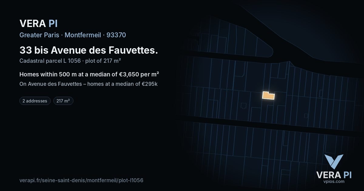 33 bis Avenue des Fauvettes, Montfermeil at night – the plot lit, the parcels around coloured by the prices near them