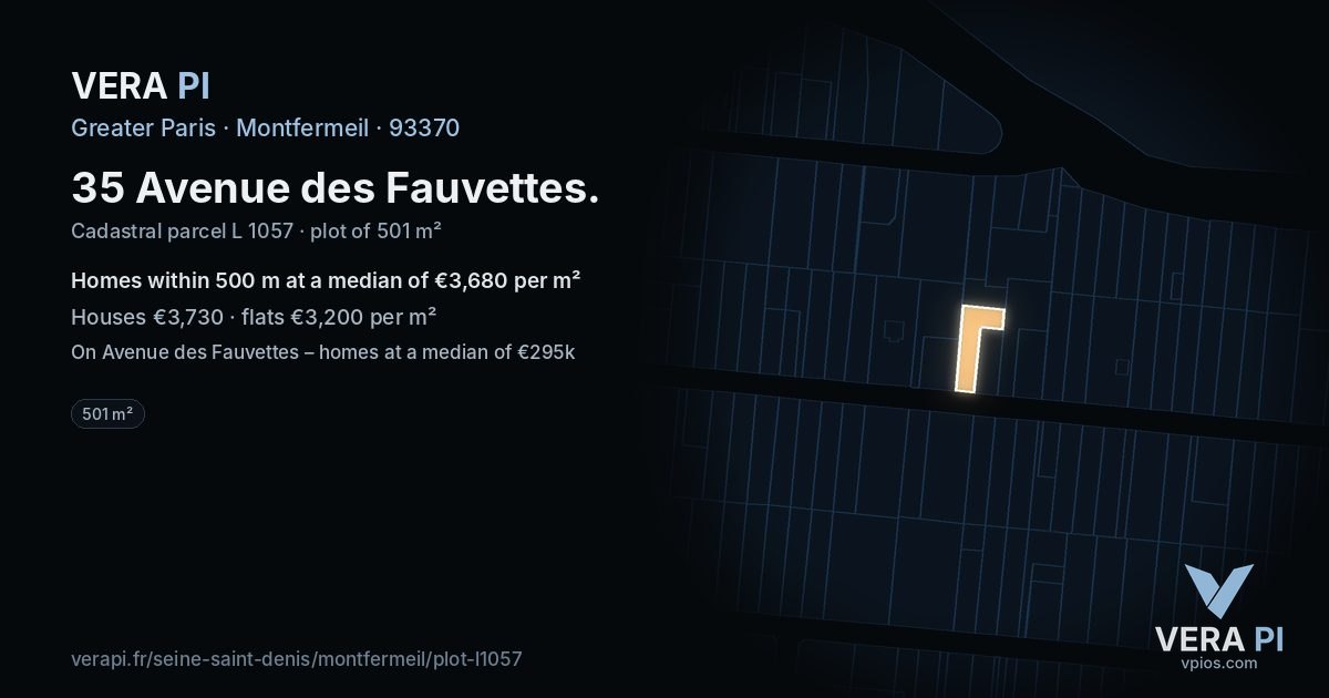 35 Avenue des Fauvettes, Montfermeil at night – the plot lit, the parcels around coloured by the prices near them