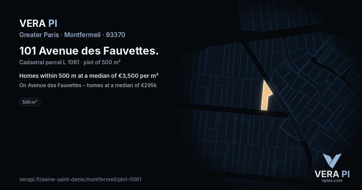 101 Avenue des Fauvettes, Montfermeil at night – the plot lit, the parcels around coloured by the prices near them