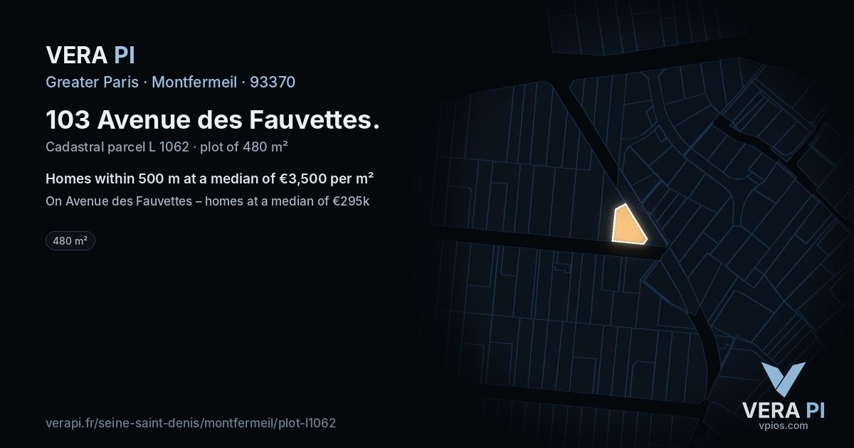 103 Avenue des Fauvettes, Montfermeil at night – the plot lit, the parcels around coloured by the prices near them