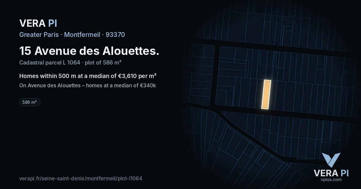 15 Avenue des Alouettes, Montfermeil at night – the plot lit, the parcels around coloured by the prices near them