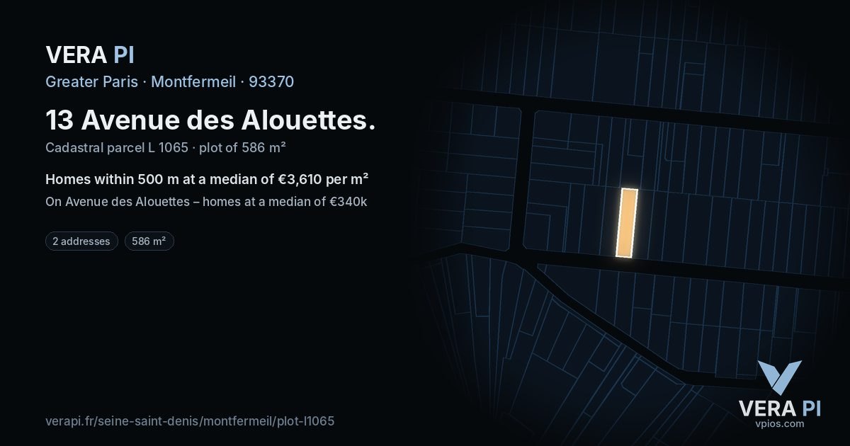 13 Avenue des Alouettes, Montfermeil at night – the plot lit, the parcels around coloured by the prices near them
