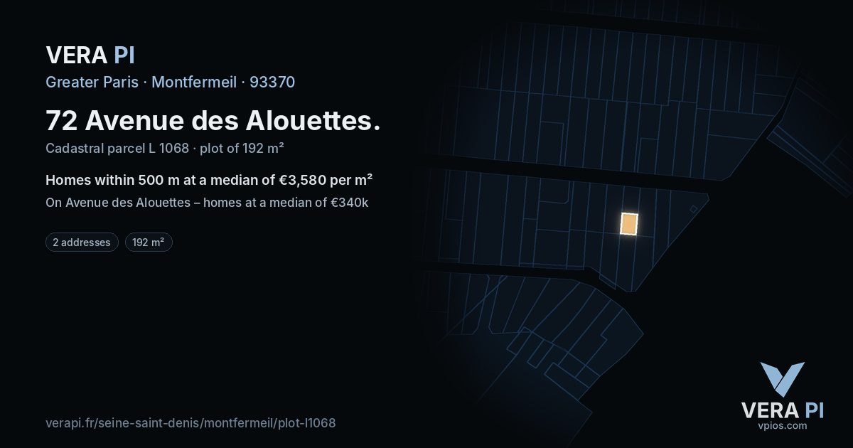 72 Avenue des Alouettes, Montfermeil at night – the plot lit, the parcels around coloured by the prices near them