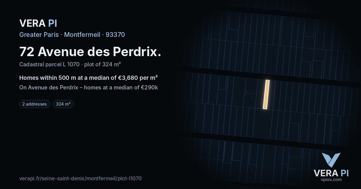 72 Avenue des Perdrix, Montfermeil at night – the plot lit, the parcels around coloured by the prices near them