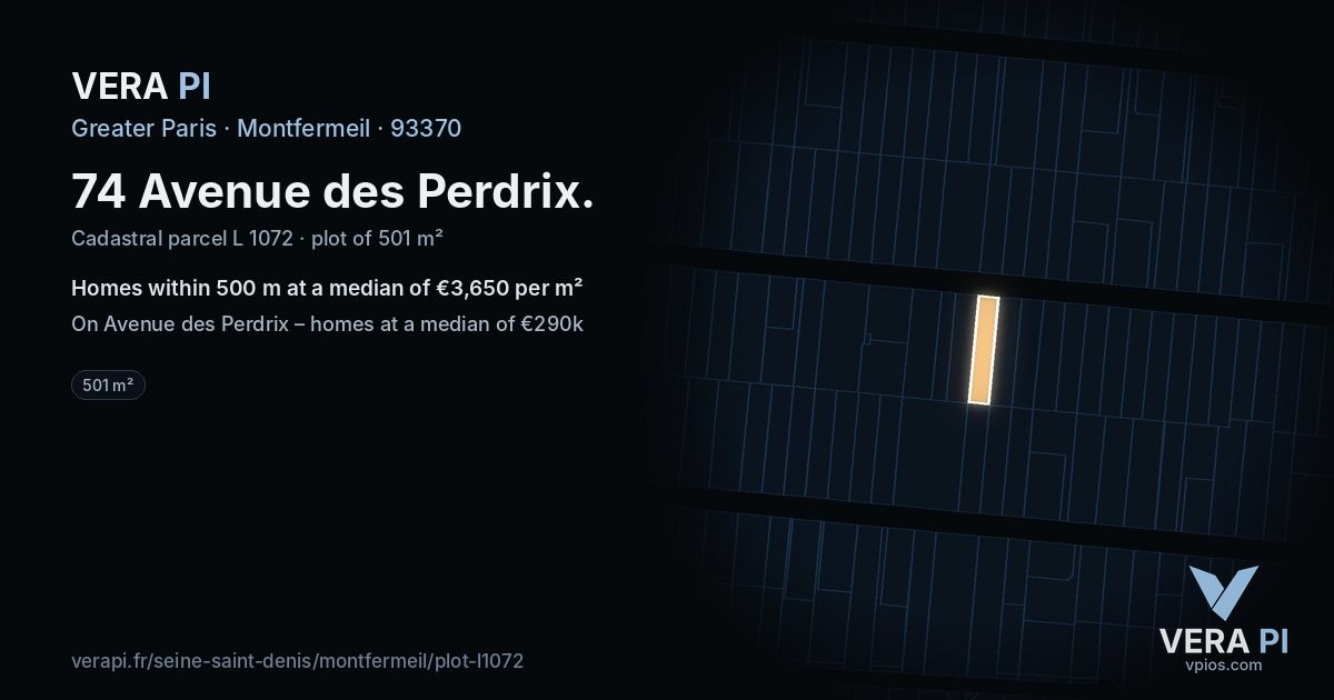 74 Avenue des Perdrix, Montfermeil at night – the plot lit, the parcels around coloured by the prices near them