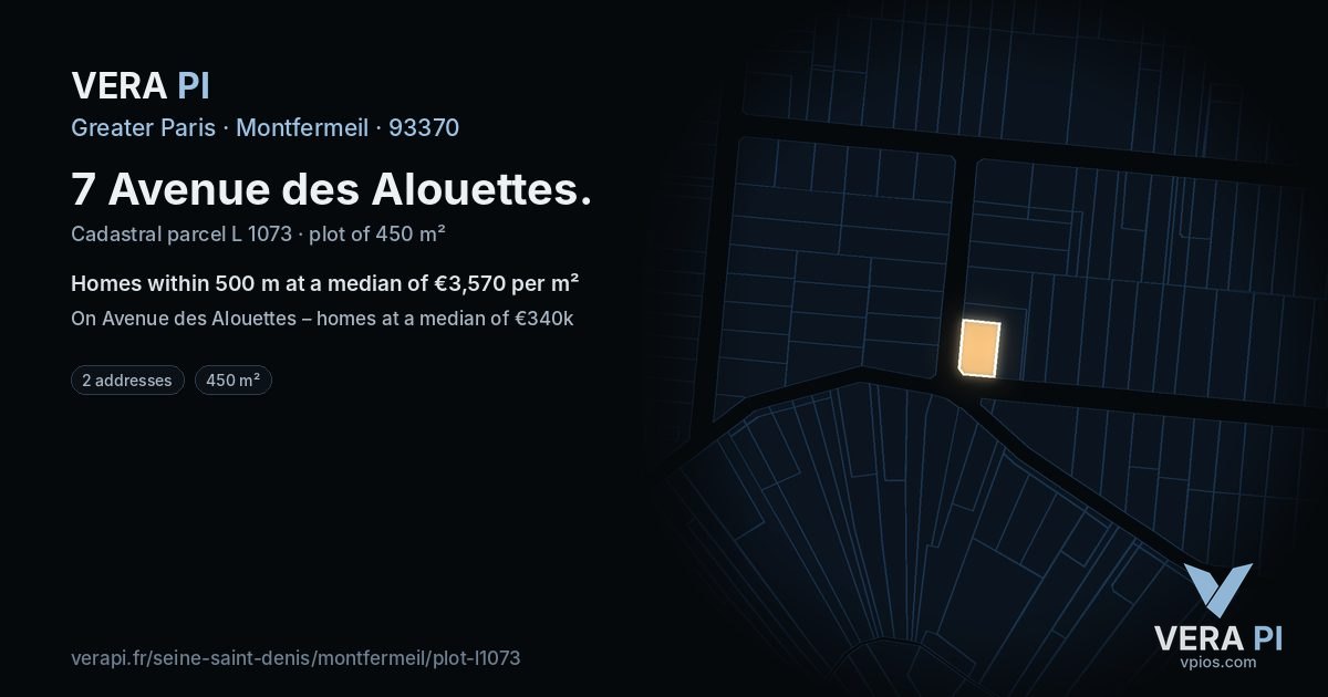 7 Avenue des Alouettes, Montfermeil at night – the plot lit, the parcels around coloured by the prices near them