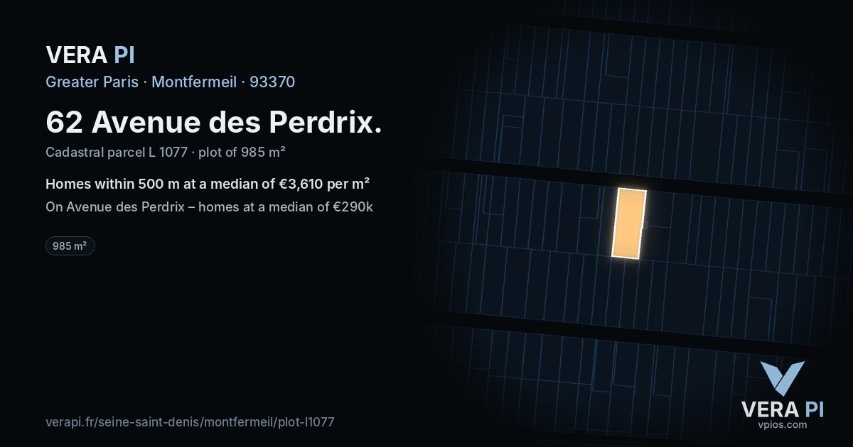 62 Avenue des Perdrix, Montfermeil at night – the plot lit, the parcels around coloured by the prices near them